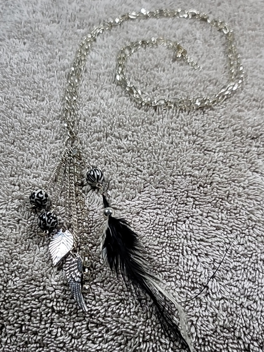 Charming Charlie Silver-Tone Necklace with Black & White Feather Tassel